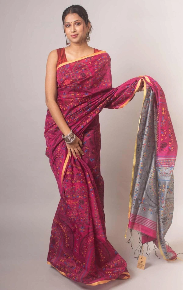 Handloom Madhubani Printed Saree - Magenta & Silver