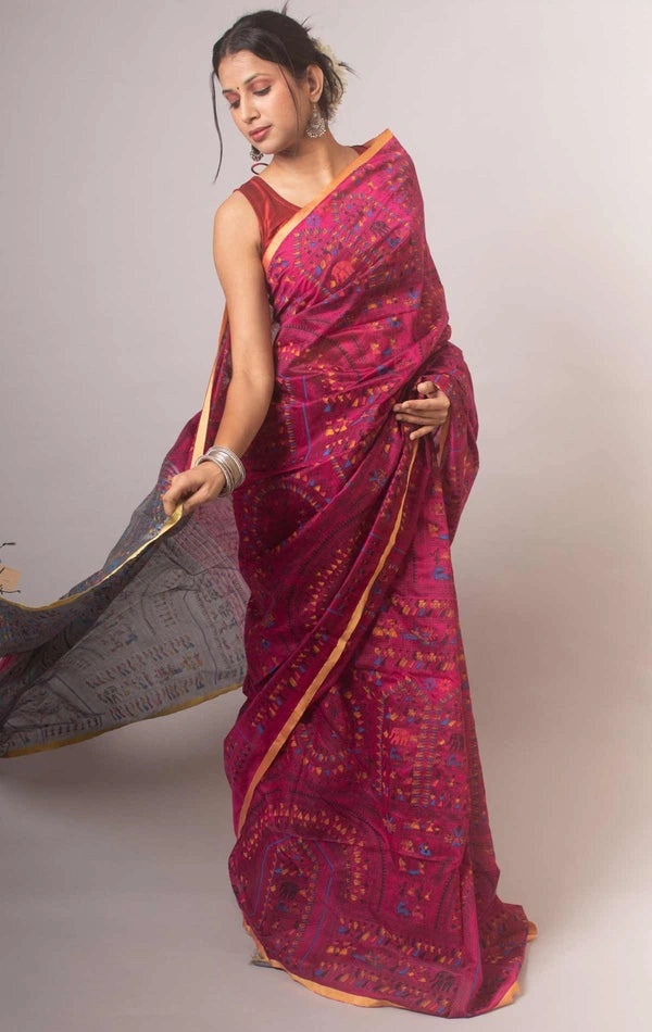 Handloom Madhubani Printed Saree - Magenta & Silver
