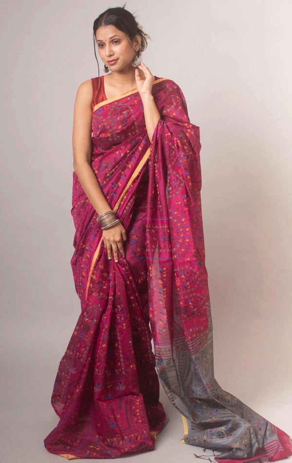 Handloom Madhubani Printed Saree - Magenta & Silver