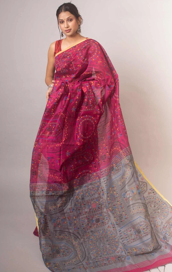 Handloom Madhubani Printed Saree - Magenta & Silver