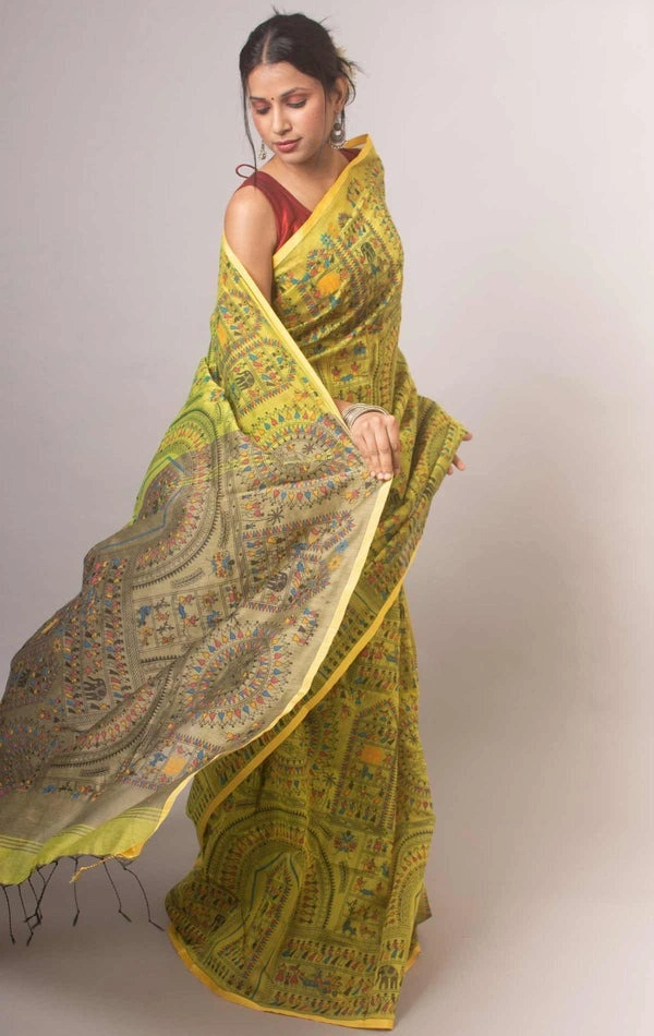 Handloom Madhubani Printed Saree - Gold & Beige