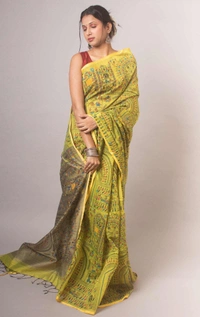 Handloom Madhubani Printed Saree - Gold & Beige