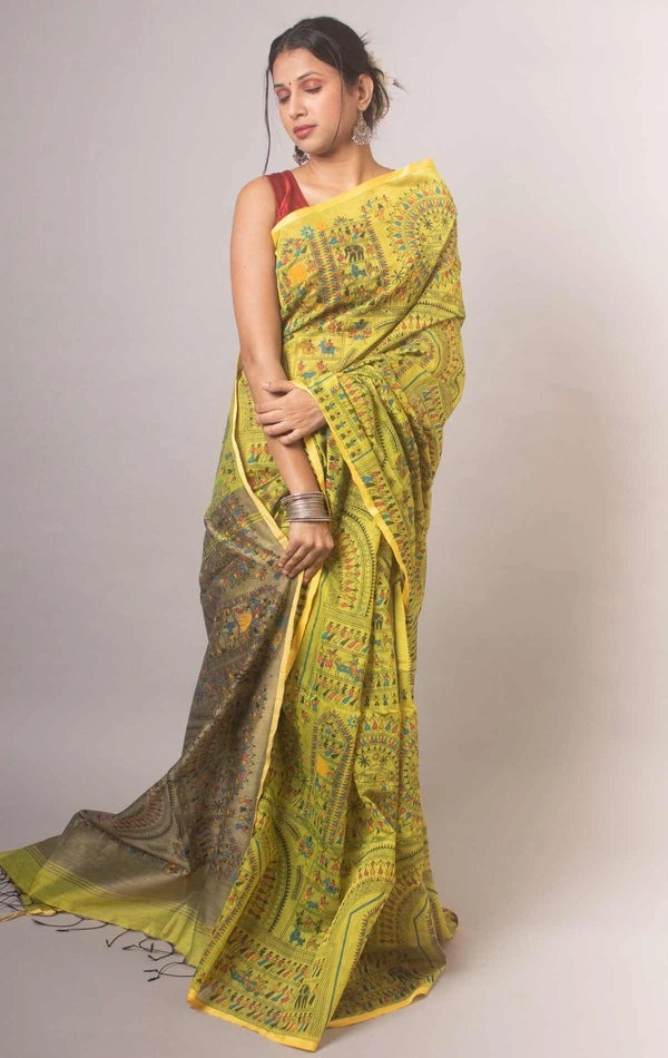 Handloom Madhubani Printed Saree - Gold & Beige