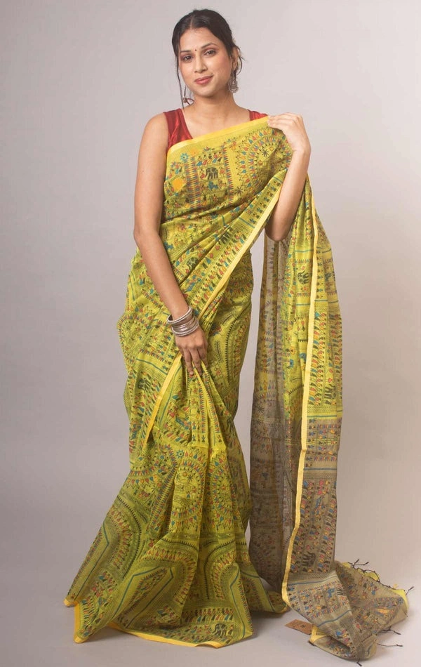 Handloom Madhubani Printed Saree - Gold & Beige
