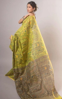 Handloom Madhubani Printed Saree - Gold & Beige