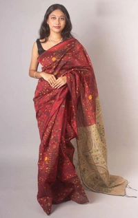 Handloom Madhubani Printed Saree - Maroon & Khaki