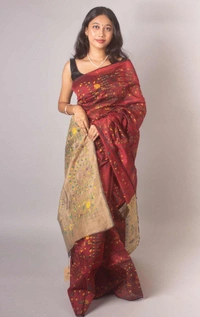 Handloom Madhubani Printed Saree - Maroon & Khaki