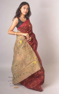 Handloom Madhubani Printed Saree - Maroon & Khaki