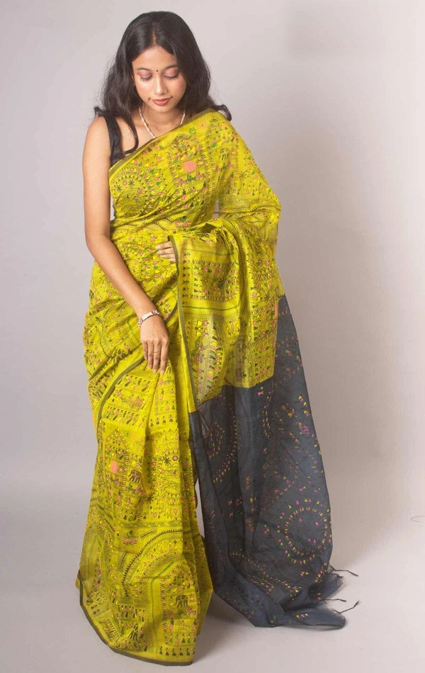 Handloom Madhubani Printed Saree - Gorse & Gray