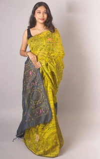 Handloom Madhubani Printed Saree - Gorse & Gray
