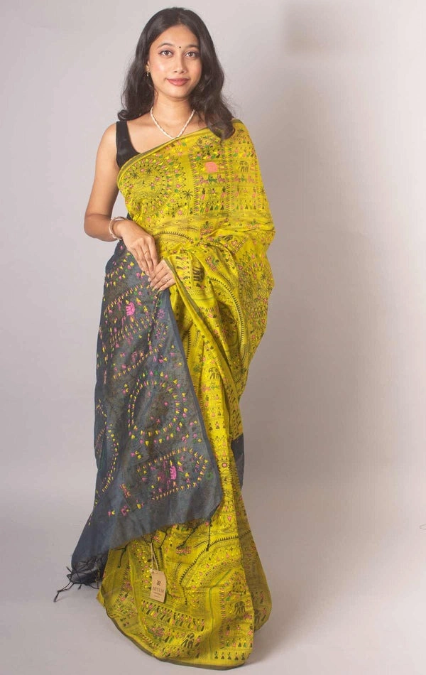 Handloom Madhubani Printed Saree - Gorse & Gray
