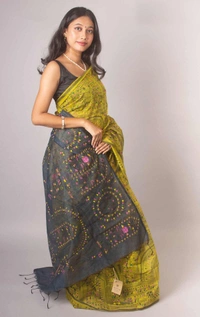 Handloom Madhubani Printed Saree - Gorse & Gray