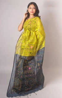 Handloom Madhubani Printed Saree - Gorse & Gray