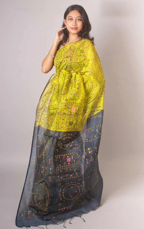 Handloom Madhubani Printed Saree - Gorse & Gray