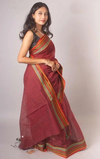 Handloom Sequence Border Cotton Silk Saree - Maroon