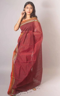 Handloom Sequence Border Cotton Silk Saree - Maroon