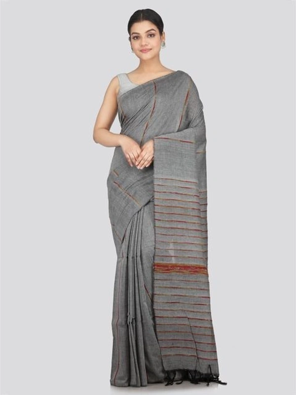 Handloom Cotton Khesh Saree - Silver, Cotton, Cotton (CK)