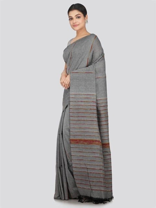 Handloom Cotton Khesh Saree - Silver, Cotton, Cotton (CK)
