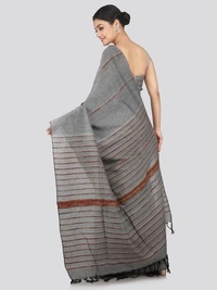 Handloom Cotton Khesh Saree - Silver, Cotton, Cotton (CK)