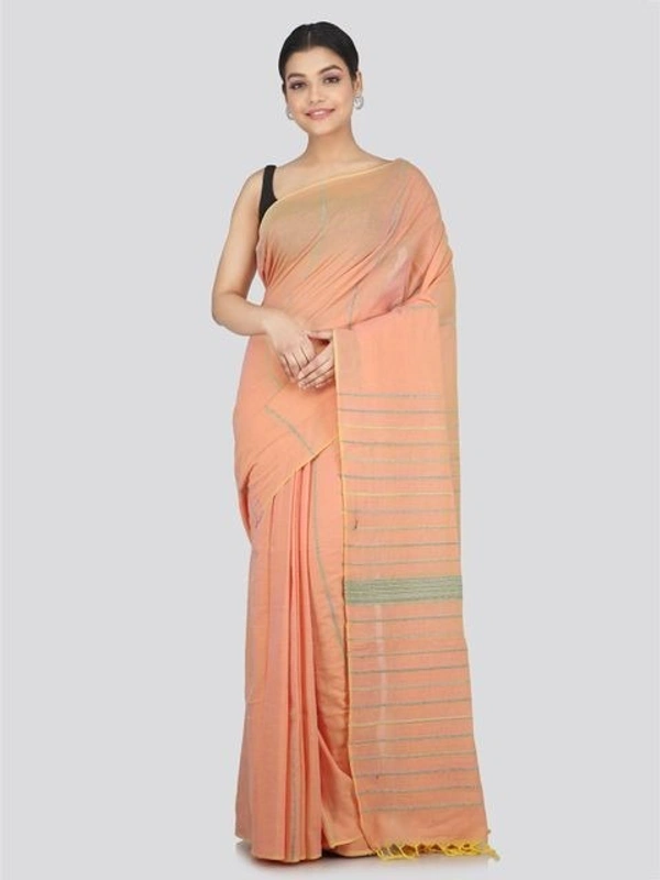 Handloom Cotton Khesh Saree - Peach, Cotton, Cotton (CK)