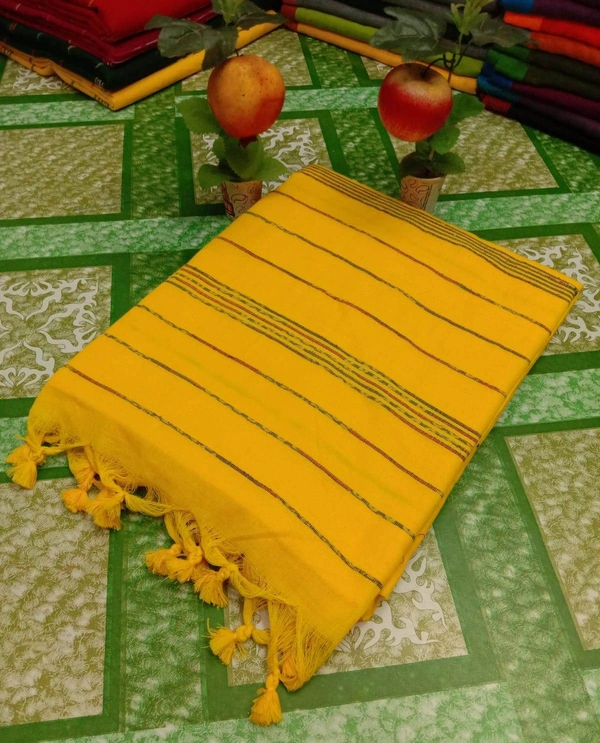 Handloom Small Pompom Cotton Khesh Saree - Yellow