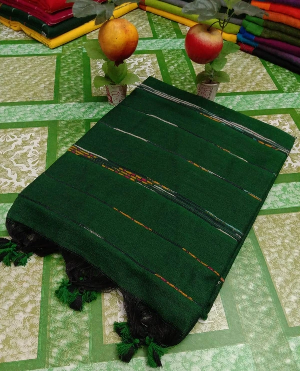 Handloom Small Pompom Cotton Khesh Saree - Cardin Green, Cotton (CK)