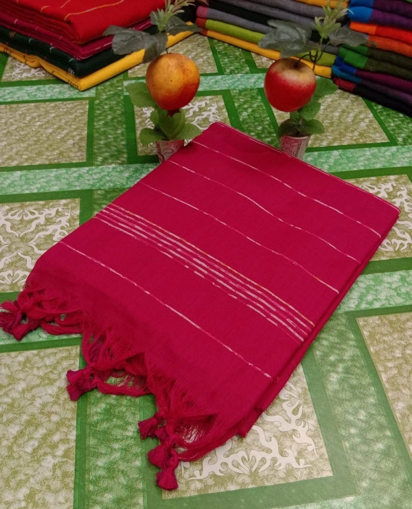 Handloom Small Pompom Cotton Khesh Saree - Maroon, Cotton (CK)