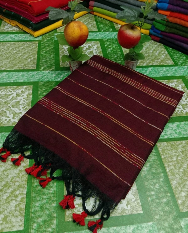 Handloom Small Pompom Cotton Khesh Saree - Buccaneer, Cotton (CK)