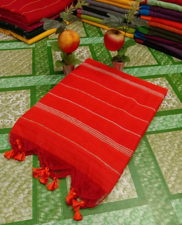 Handloom Small Pompom Cotton Khesh Saree - Blaze Orange, Cotton (CK)