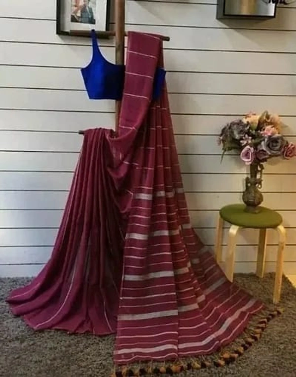 Handloom Long Tassel Cotton Khesh Saree - Maroon, Cotton