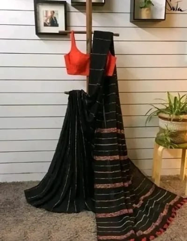 Handloom Long Tassel Cotton Khesh Saree - Black, Cotton