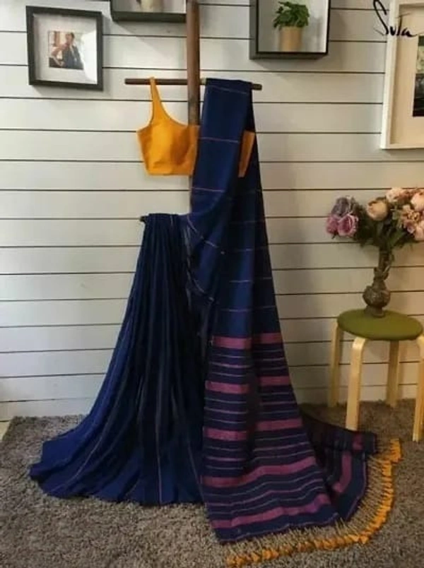 Handloom Long Tassel Cotton Khesh Saree - Navy Blue, Cotton