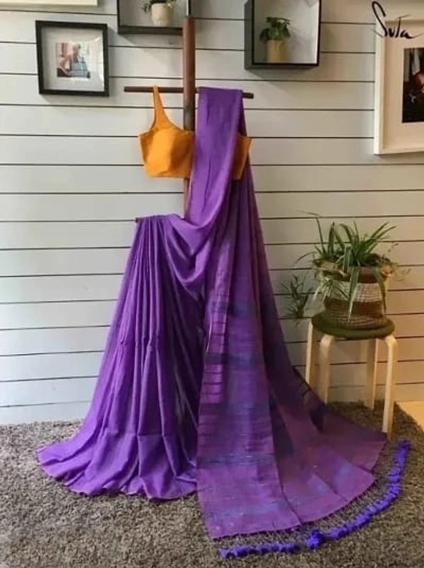 Handloom Long Tassel Cotton Khesh Saree - Electric Violet, Cotton (CK)