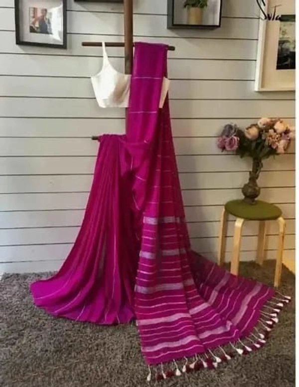 Handloom Long Tassel Cotton Khesh Saree - Magenta / Fuchsia, Cotton (CK)