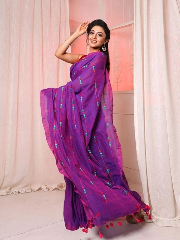 Handloom Chain Embroidered Cotton Saree - Magenta / Fuchsia