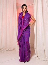 Handloom Chain Embroidered Cotton Saree - Magenta / Fuchsia