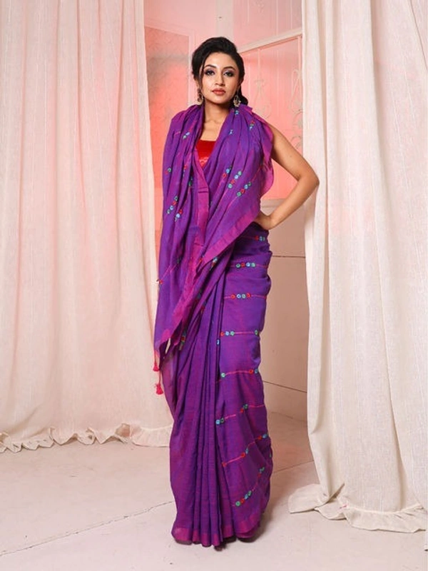 Handloom Chain Embroidered Cotton Saree - Magenta / Fuchsia