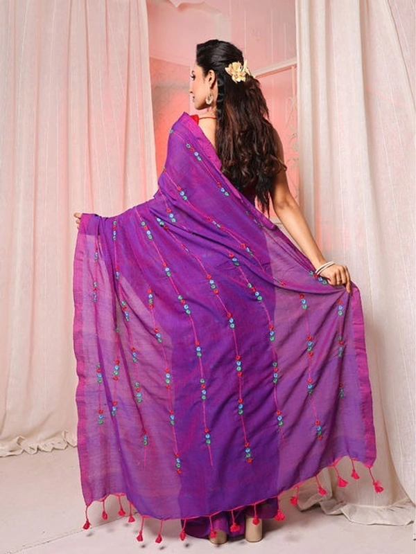 Handloom Chain Embroidered Cotton Saree - Magenta / Fuchsia