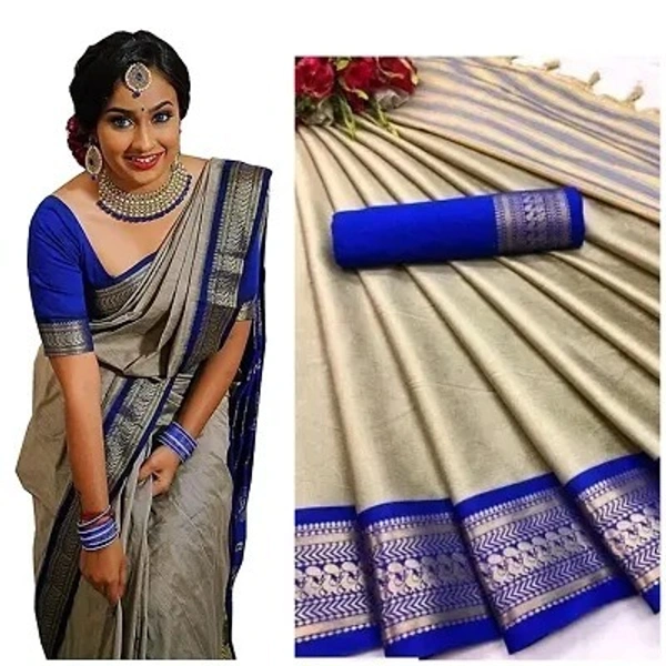 Cotton Silk Jacquard Border Sarees - Blue