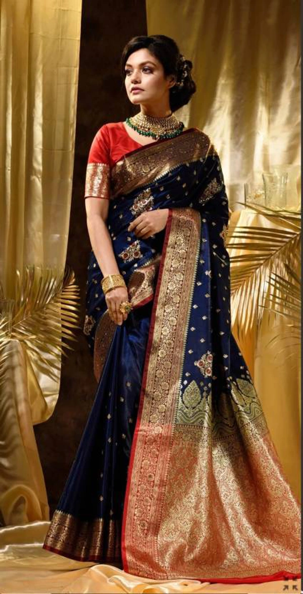 Two Tone Jacquard Tanchui Banarashi Silk Saree - Navy Blue
