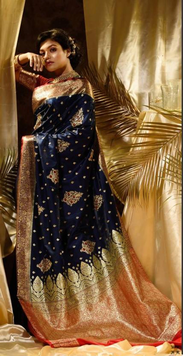 Two Tone Jacquard Tanchui Banarashi Silk Saree - Navy Blue