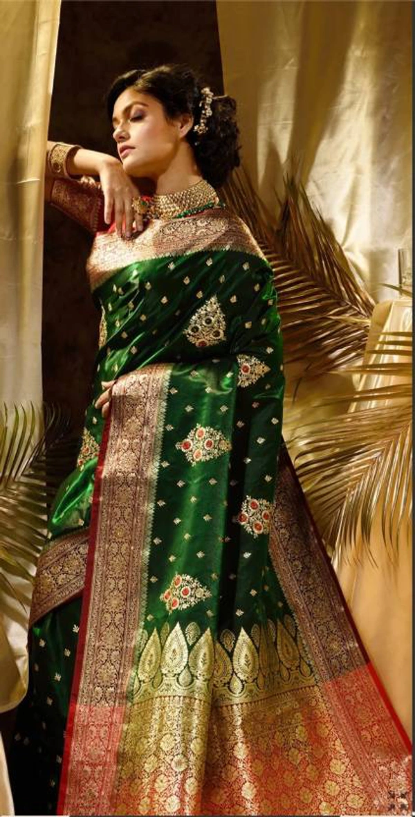 Two Tone Jacquard Tanchui Banarashi Silk Saree - Japanese Laurel