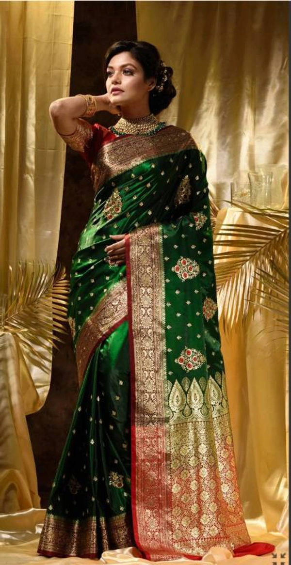 Two Tone Jacquard Tanchui Banarashi Silk Saree - Japanese Laurel