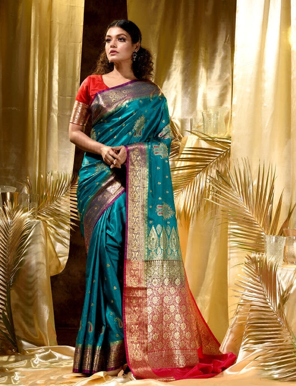 Two Tone Jacquard Tanchui Banarashi Silk Saree - Pine Green