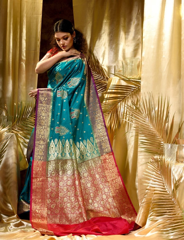 Two Tone Jacquard Tanchui Banarashi Silk Saree - Pine Green