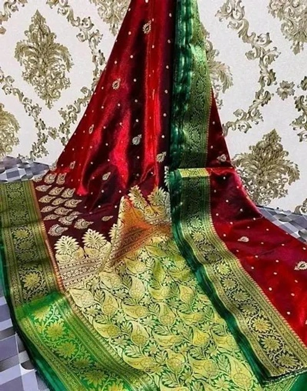 Two Tone Jacquard Embroidered Banarashi Silk Saree - Rustic Red