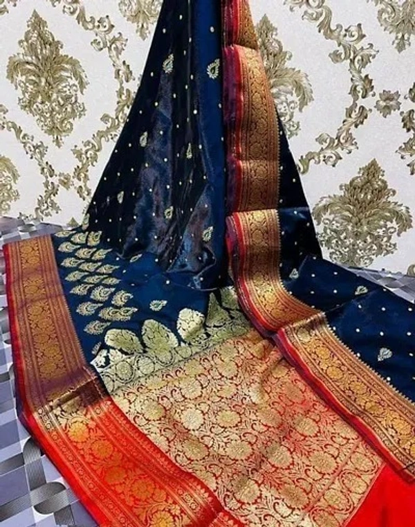 Two Tone Jacquard Embroidered Banarashi Silk Saree - Navy Blue