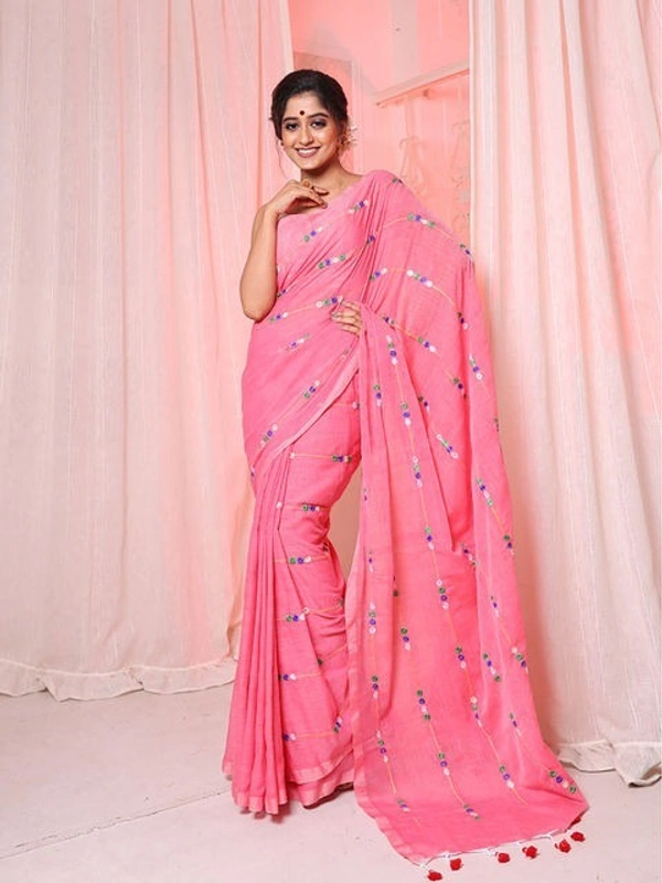 Handloom Chain Embroidered Cotton Saree - Pink
