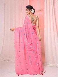 Handloom Chain Embroidered Cotton Saree - Pink
