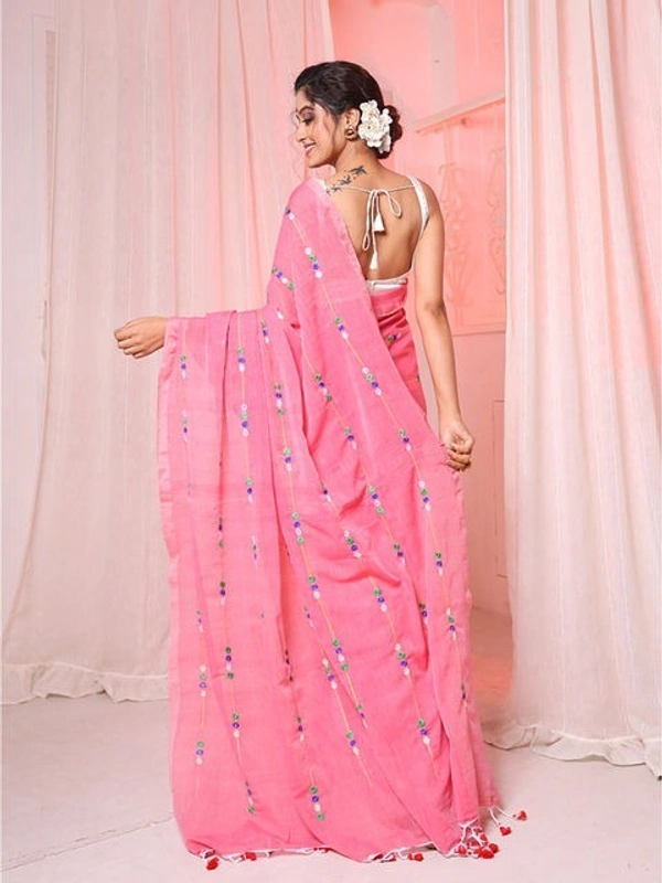 Handloom Chain Embroidered Cotton Saree - Pink